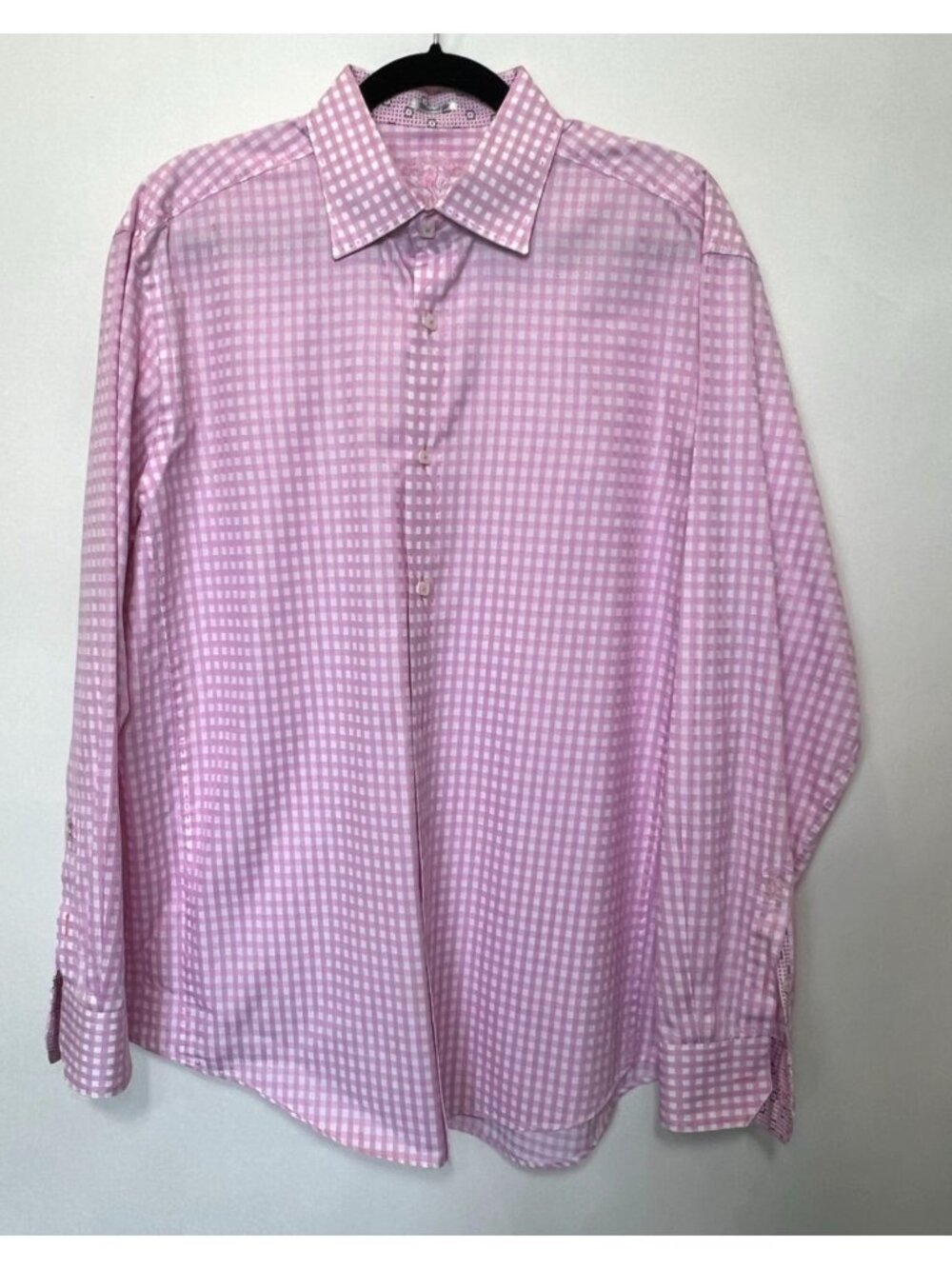 Bugatchi Pink & White Gingham Plaid Long Sleeve Shirt XL 100% Cotton Shaped Fit